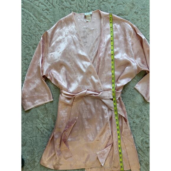 Vintage Women's Pink Satin Robe Roses Bows Floral Jacquard Belted Dressing Gown - Picture 6 of 6